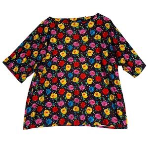 Vintage Floral Print Top Women's Large Colorful Roses Short Sleeve Blouse Casual